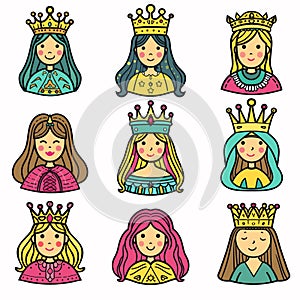 Nine cartoon queens diverse hair colors, styles, facial expressions, crowns, dresses. Young