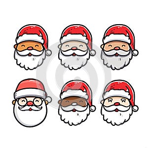 Nine cartoon Santa Claus faces diverse ethnicities, smiling beards holiday emotions. Set Santas photo