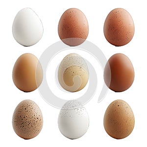 Collection of nine chicken eggs standing on white background