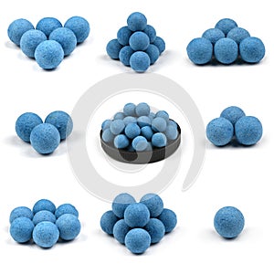 Nine Close up view of blue boilies, fishing baits for carp