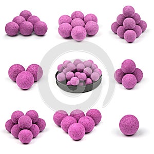 Nine Close up view of violet boilies, fishing baits for carp