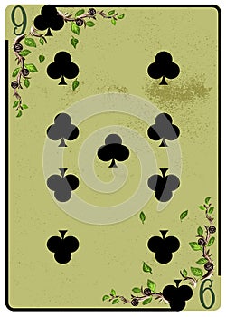 Nine of Clubs playing card. Unique hand drawn pocker card. One of 52 cards in french card deck, English or Anglo-American pattern photo