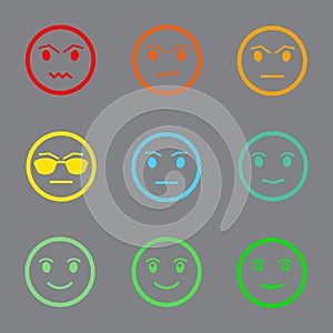 Nine Color Faces Feedback/Mood. Set nine faces scale - smile neutral sad - isolated vector illustration on gray background.