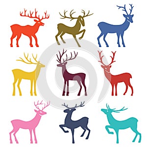 Nine colored deer silhouettes