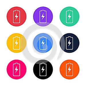 Nine colorful battery icons isolated on white background. Flat vector illustration.