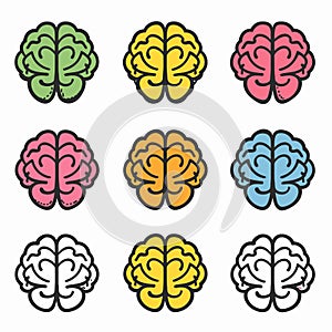 Nine colorful brain icons arranged grid, different twotone color scheme. Brain illustrations