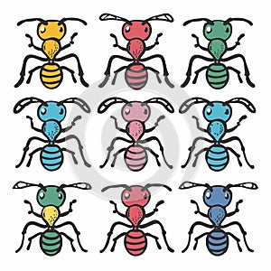Nine colorful cartoon ants arranged 3 rows 3, variety colors, simplistic design. Hand drawn style