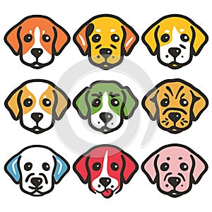 Nine colorful cartoon dog faces arranged three rows, dog has distinct facial expression, happy sad photo