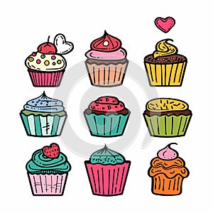 Nine colorful cupcakes cartoon doodle drawing array. Sweet desserts different toppings