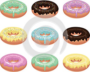 Nine colorful donuts.