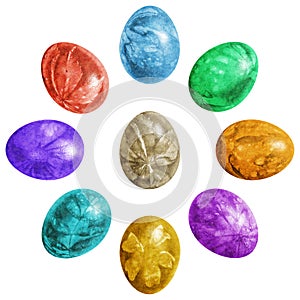 Nine Colorful Easter Eggs Decorated with Leaves Imprints Isolate