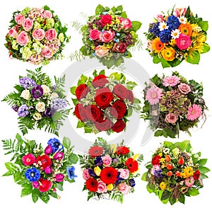 Nine colorful flowers bouquet on white