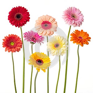 Nine colorful Gerbera daisies in a row isolated on white photo
