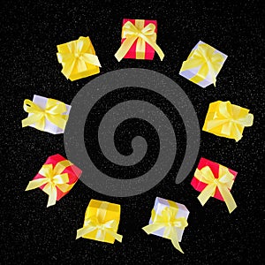 Nine colorful Gift boxes arrangement into a circle shape on black Starlight background.