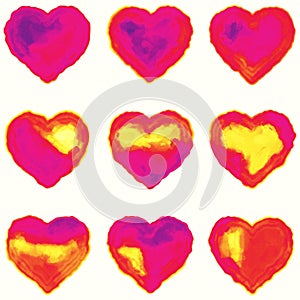 Nine Colorful Hearts Simulating Watercolor on Paper