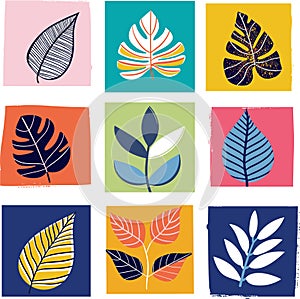 Nine colorful stylized leaf illustrations arranged grid, contrasting color block background photo