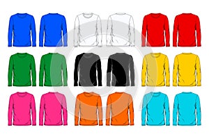 Nine colors long sleeve t shirt design template front and back view