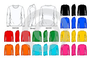 Nine colors long sleeve t shirt design template front side and back view