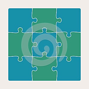 Nine connected jigsaw puzzle parts. Infographic template with matching pieces. Teamwork concept.