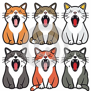 Nine cute cartoon cats yawn, displaying different fur colors. Illustrated felines express photo