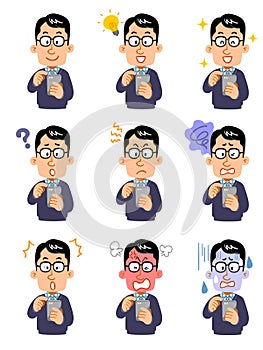 Nine different facial expressions of men wearing glasses who operate smartphones