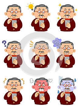 Nine different facial expressions of a wealthy middle-aged man in everyday wear who operates a smartphone