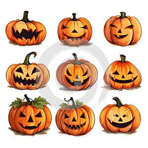 Nine different pumpkins to choose from, a Halloween image on a white isolated background