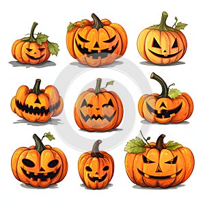 Nine different pumpkins to choose from, a Halloween image on a white isolated background