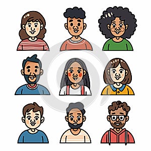 Nine diverse cartoon avatars represent different ethnicities, gender, hairstyles, facial