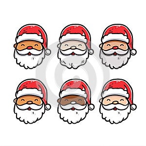 Nine diverse Santa Claus faces displayed three rows. Santa wears red hat, has fluffy white beard