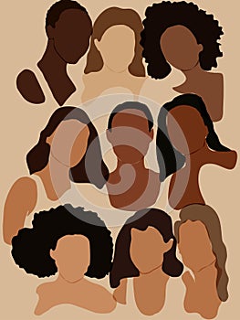 Nine elegant silhouettes of girls and women in a minimalist boho style. Women of different skin and hair