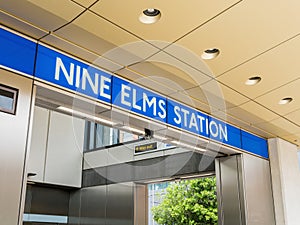 Nine Elms station entrance sign. London, UK.