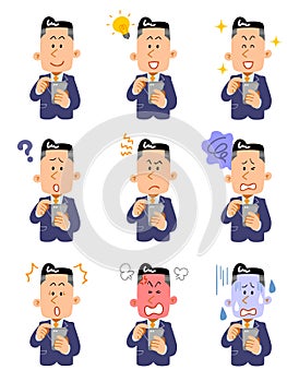 Nine expressions of businessmen who operate smartphones