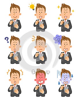 Nine expressions of young businessmen who operate smartphones