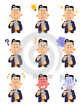 Nine facial expressions of men who operate smartphones