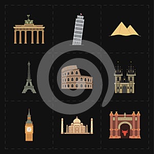 Nine flat landmark icons