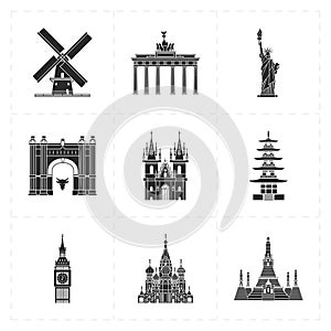Nine flat landmark icons