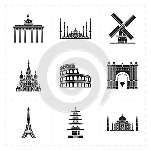 Nine flat landmark icons