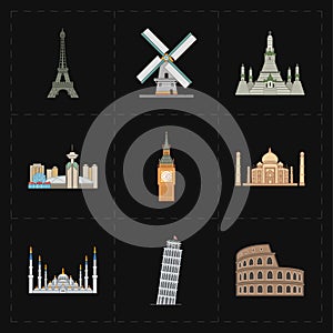 Nine flat landmark icons