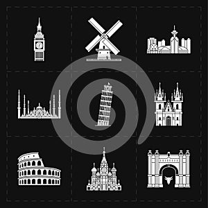 Nine flat landmark icons