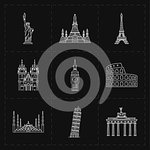 Nine flat landmark icons