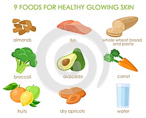 Nine foods for healthy skin. Vector