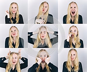 Nine frames in one shot. The blonde girl shows different emotions. From sadness to madness. Shouts, jokes, laughter, aggression,