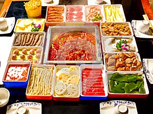 Nine grid hot pot dishes and ingredients