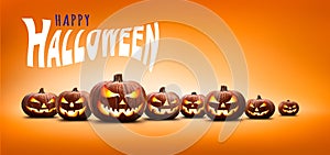 Nine halloween, Jack O Lanterns, with evil spooky eyes and faces isolated against a orange and yellow lit background with the