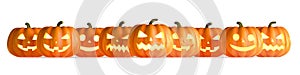 Nine Halloween Pumpkins in a row isolated on white background. 3D Rendering illustration