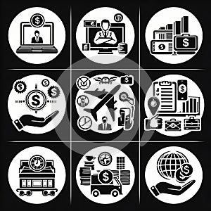 Nine icons depict business concepts