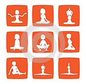 Nine icons set of girl practicing yoga postures