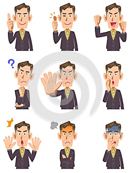 Nine kinds of gestures and facial expressions of elderly man in casual clothes