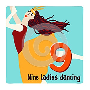 Nine ladies dancing. Twelve days of Christmas. Vector illustration